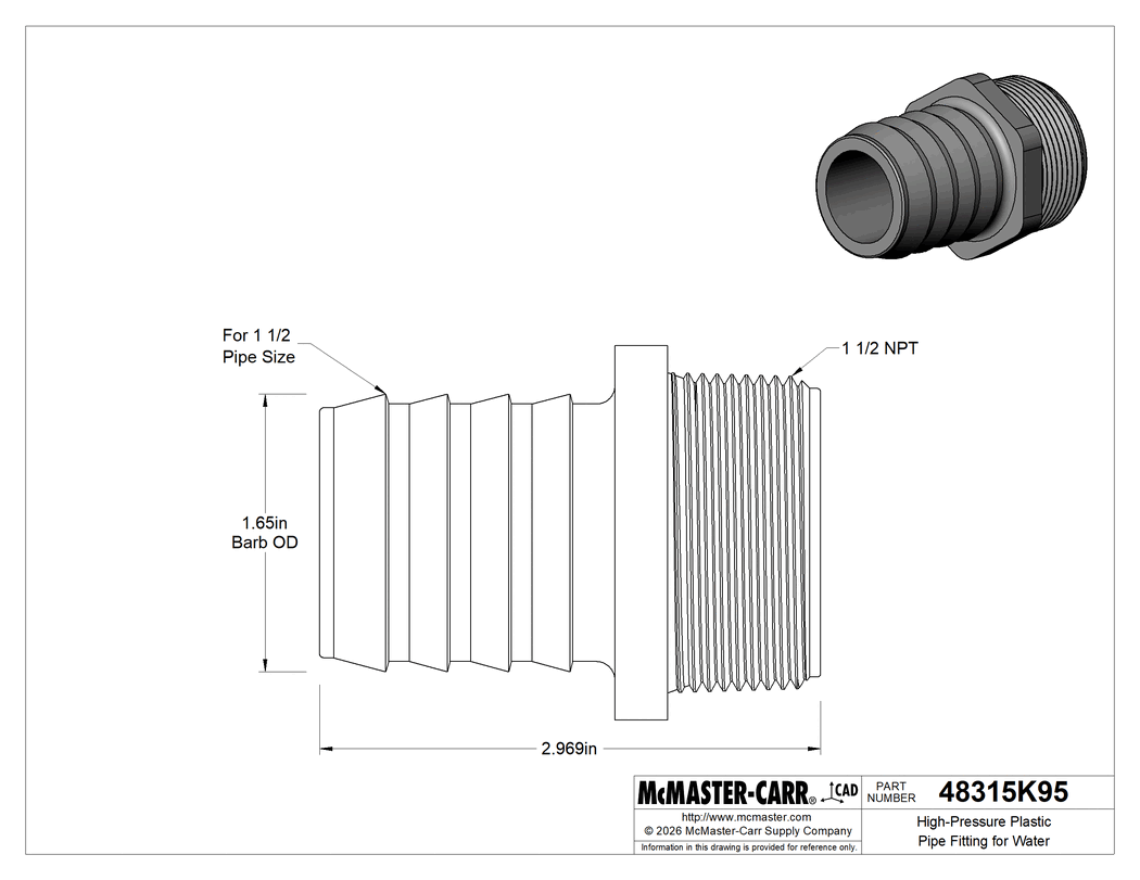 Technical Drawing of High-Pressure Plastic Pipe Fitting for Water, Adapter, 1-1/2 Barbed Male x 1-1/2 NPT Male.